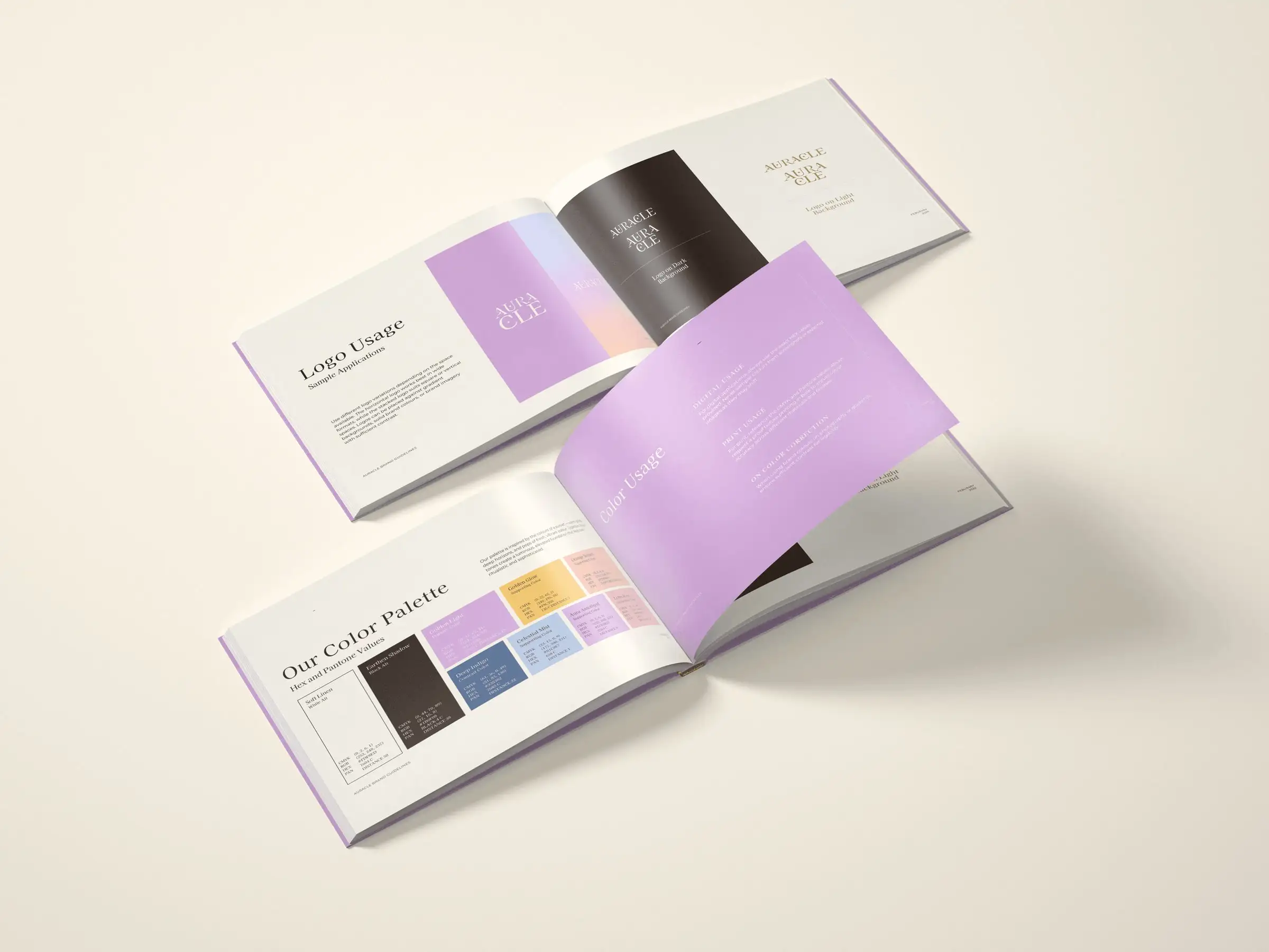 Auracle brand guidelines open to the logo usage and color palette spreads, in lilac, charcoal and gold