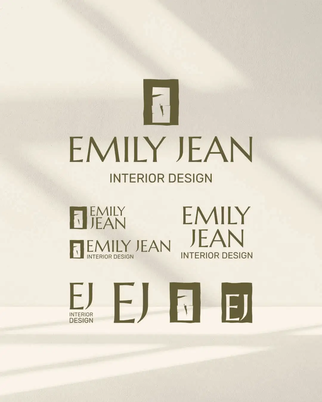 The Emily Jean Interior Design logo suite in olive: the primary logo, stacked and horizontal lockups, and EJ monograms