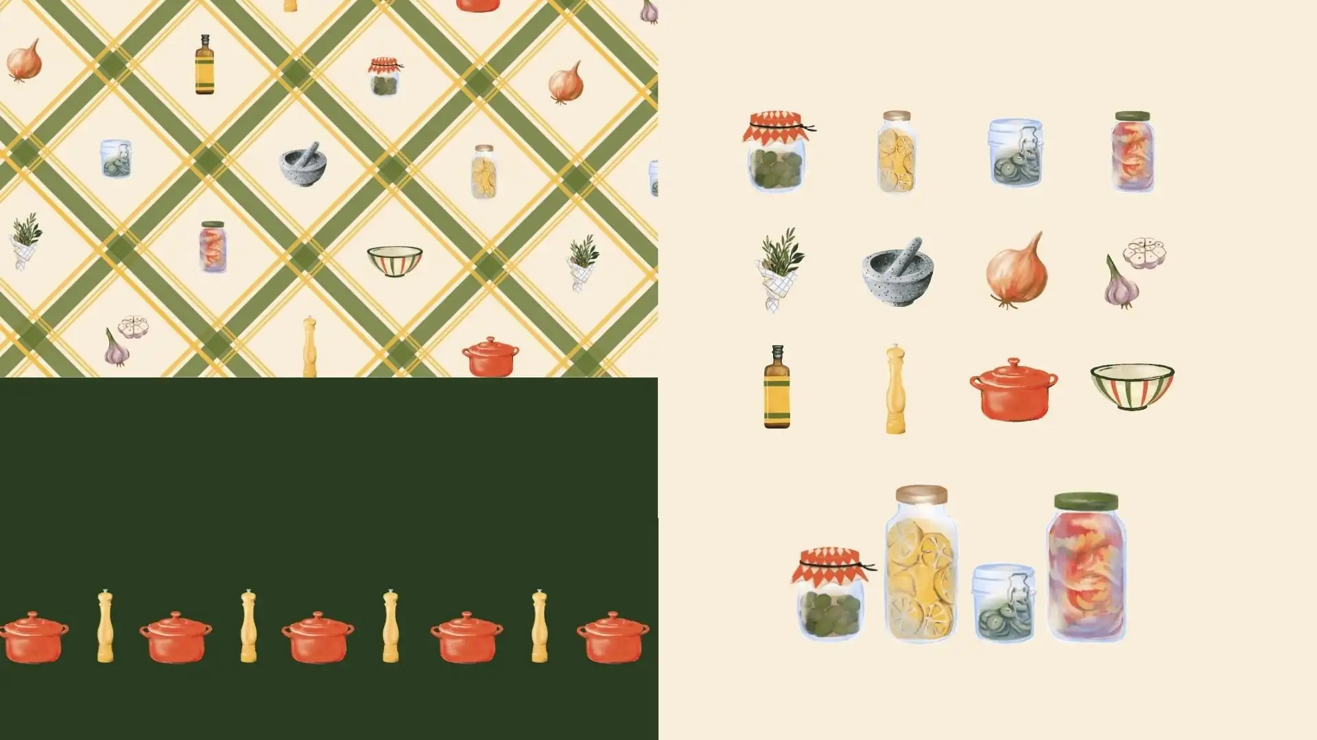 Suzie Battishill’s hand-drawn kitchen illustrations, from preserve jars to a red casserole pot, with the green-and-yellow tartan pattern they sit on