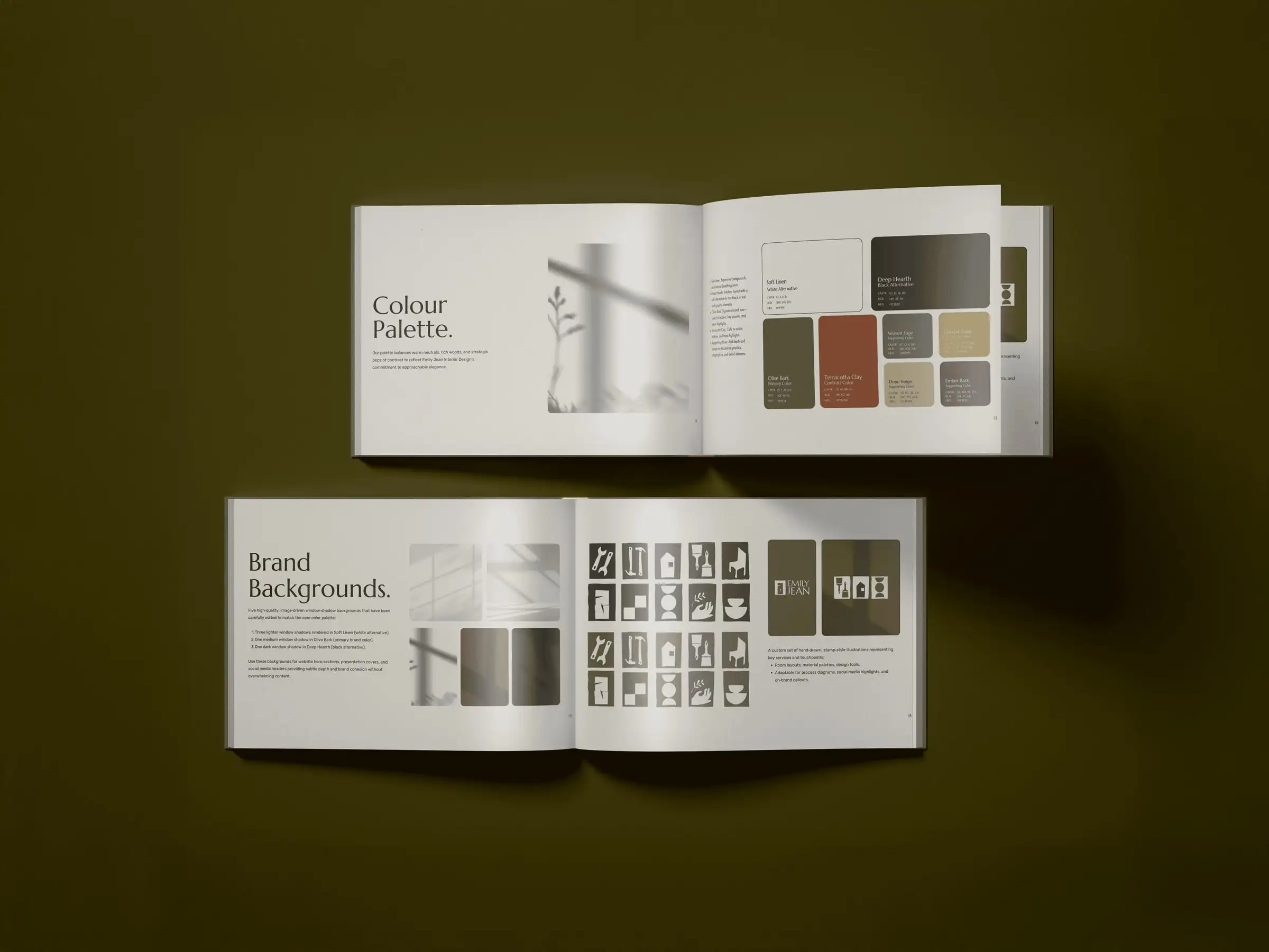Emily Jean brand guidelines open to the color palette and brand backgrounds spreads