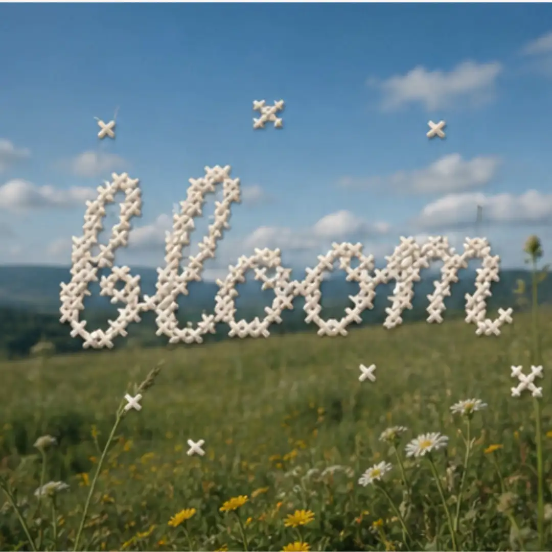 The word ‘bloom’ in white cross stitch floating over a meadow of wildflowers.