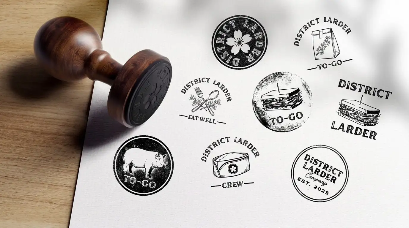 A wooden stamp beside eight District Larder stamp designs on white paper, from a cherry-blossom seal to “To-Go” and “Crew” marks