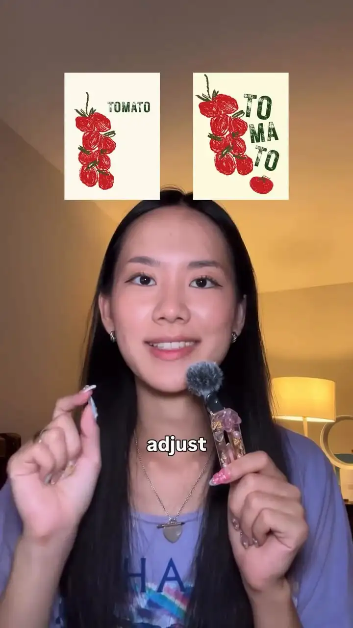 Alena talking to camera beneath two tomato posters: a plain version and her rearranged one