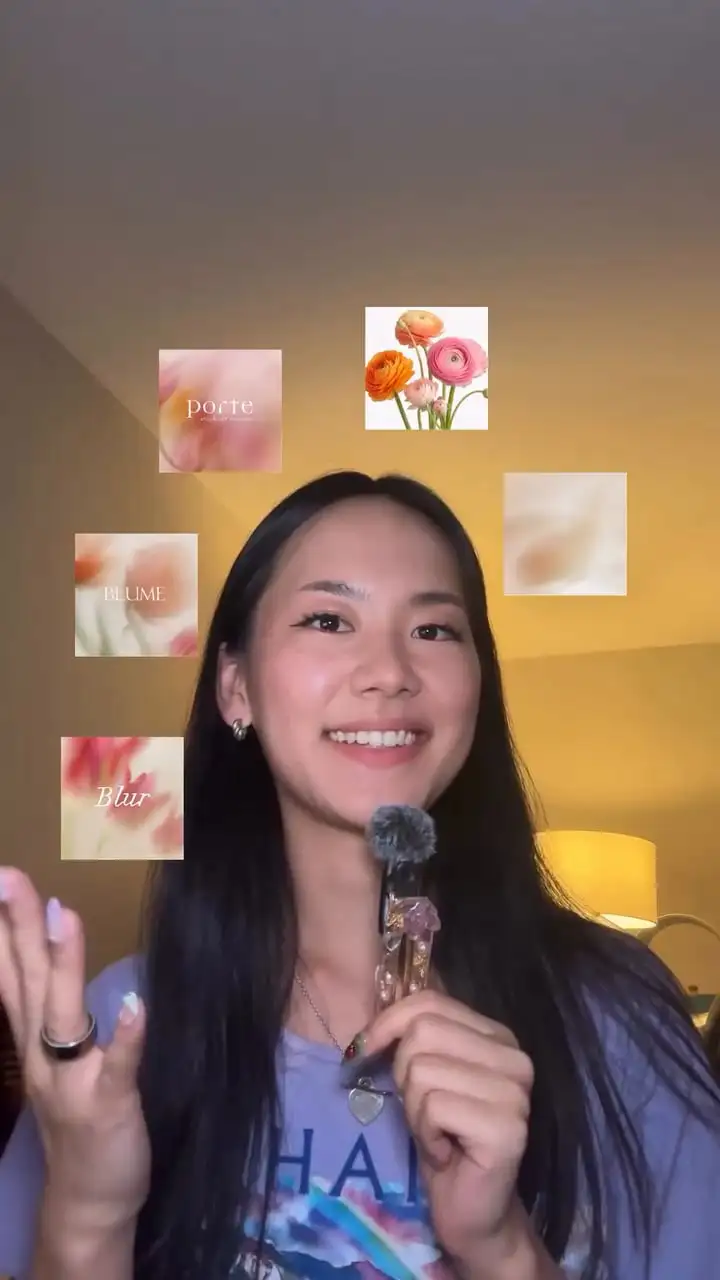 Alena smiling beside a collage of blurred floral covers