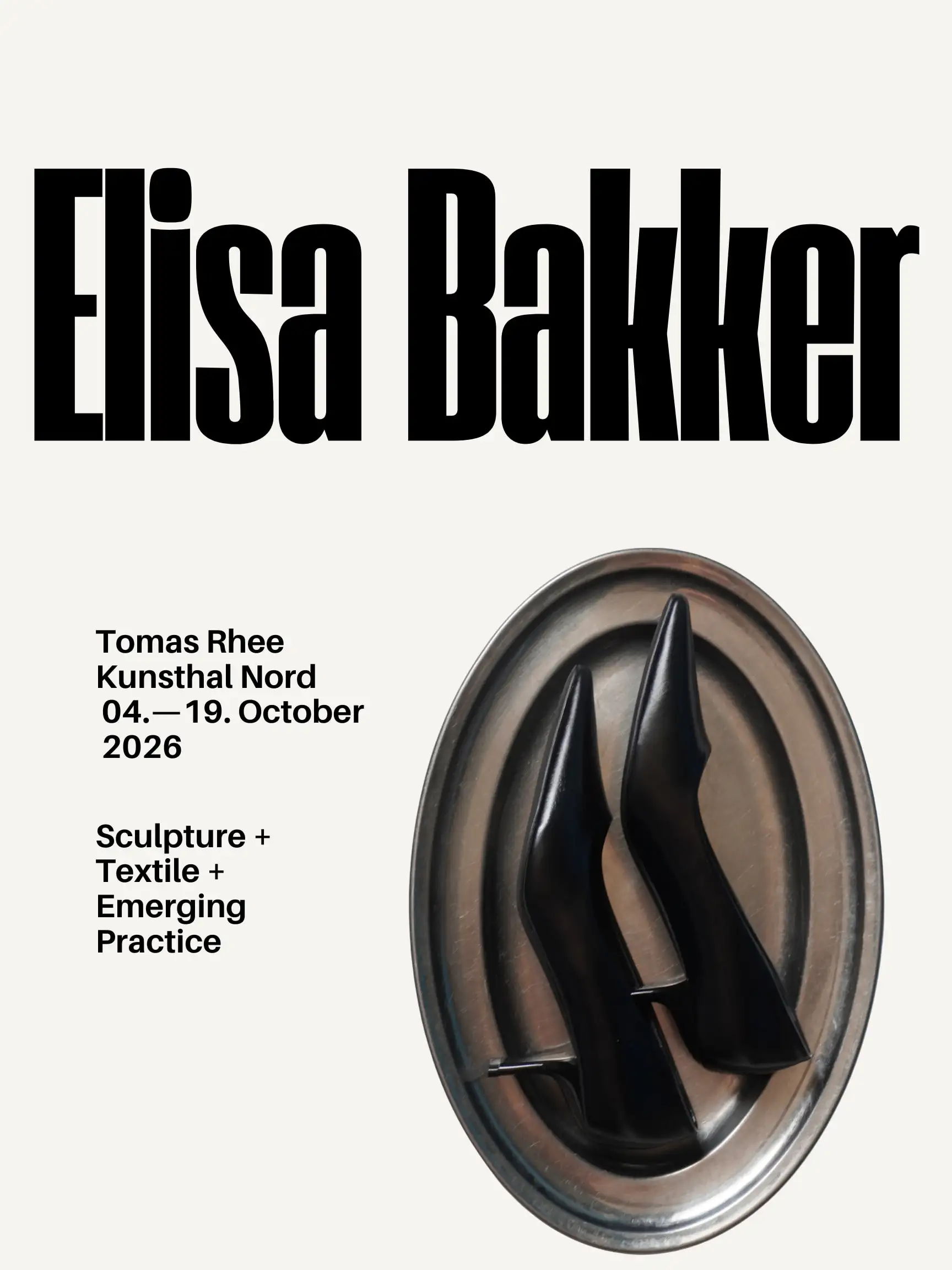 Before: an exhibition poster for Elisa Bakker with a small condensed headline over a photo of black shoes on a tray.