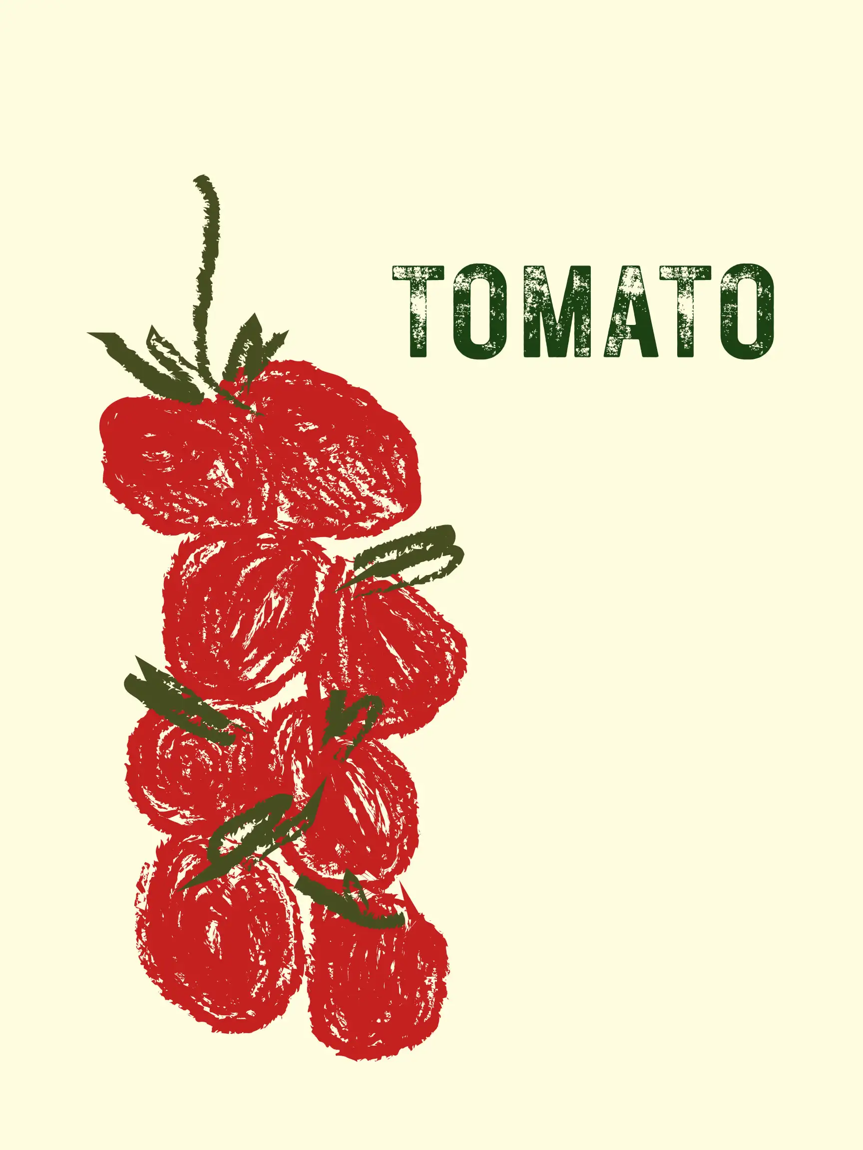 Before: a tomato poster with a large vine of red tomatoes and a small ‘TOMATO’ label.