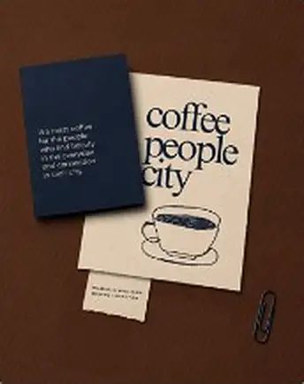 ‘Coffee people city’ cards: a navy card and a cream card with a line-drawn coffee cup, on dark brown.
