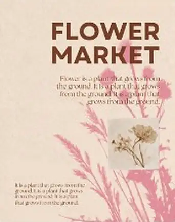 ‘Flower Market’ poster: brown capitals over pink grasses and a pressed flower on blush paper.