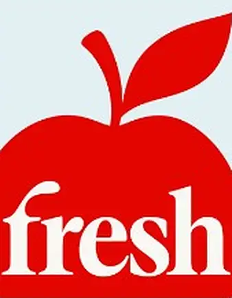 ‘Fresh’ poster: a red apple on pale blue.
