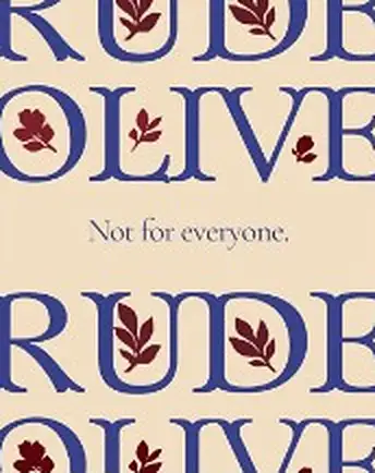 ‘Rude Olive’ poster in navy and burgundy on cream.