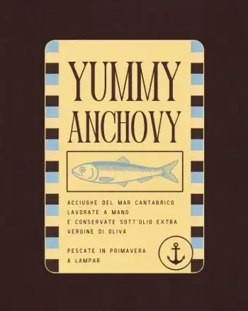 A tinned-fish label reading ‘Yummy Anchovy’: pale yellow with blue stripes and a line-drawn fish, on a dark brown ground.