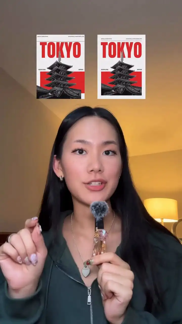Alena beneath two red TOKYO posters shown side by side