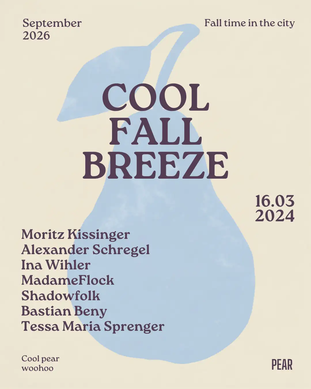 A ‘Cool Fall Breeze’ event poster: a pale blue pear on pale cream, with the title and line-up in dark plum.