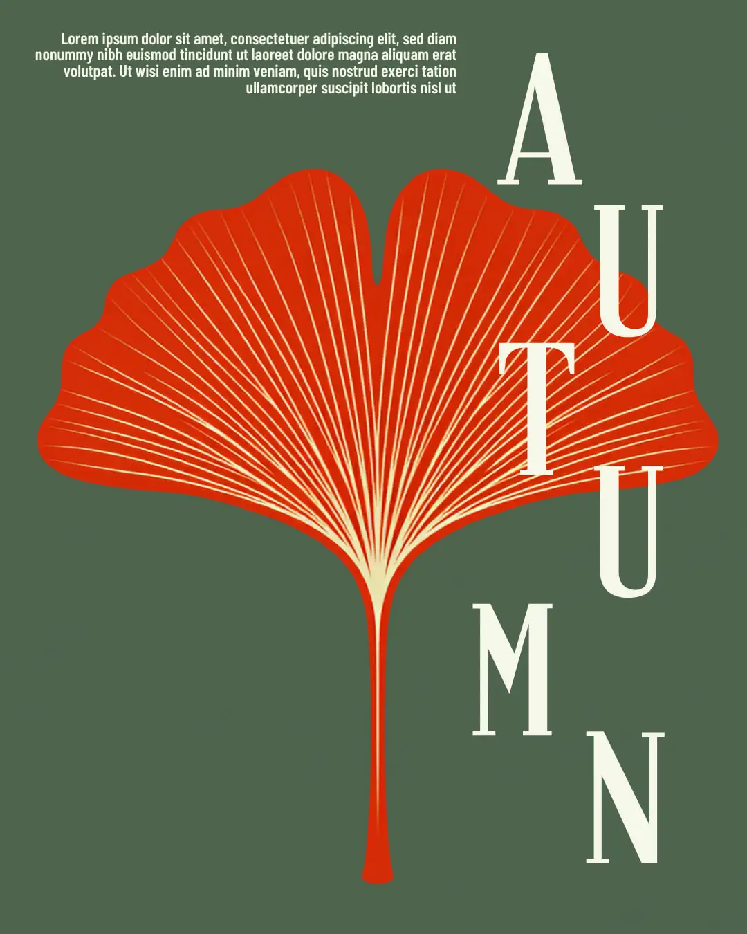 An autumn poster: a red ginkgo leaf on muted green, with AUTUMN set in tall cream capitals down the right.