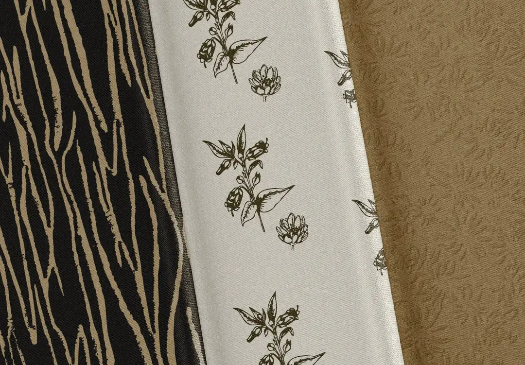 Three custom Emily Jean textures: a wood-grain print, a botanical print on cream and a tone-on-tone leaf pattern