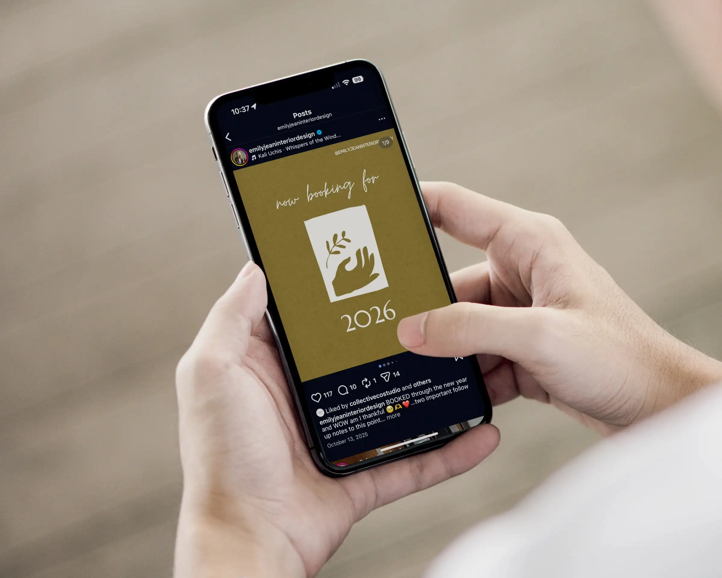 A phone showing an Emily Jean Instagram post announcing new bookings, with an olive hand-and-sprig illustration